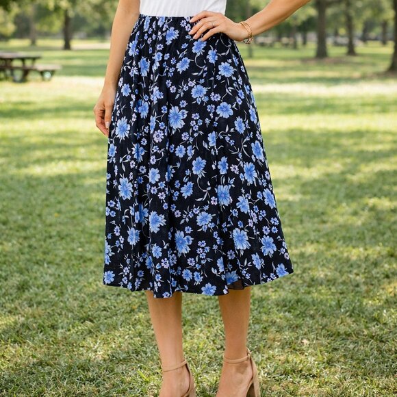 Talbots Dresses & Skirts - Talbots Black Blue Floral A-Line Midi Skirt Size 8 Lined Feminine Romantic